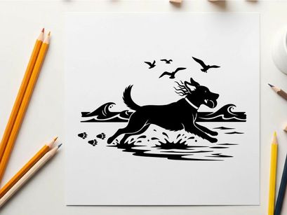 Dog running on beach in silhouette with seagulls flying