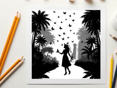 Silhouette of a woman releasing butterflies in a tropical paradise