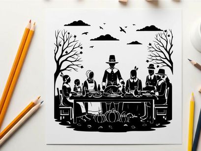 Thanksgiving dinner silhouette with family and pilgrims gathered