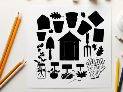 Gardening tools and plants in silhouette style illustration