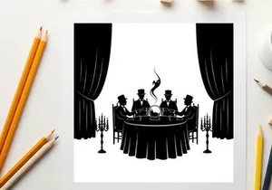 Silhouette of men in top hats gathered around a table with a dancing silhouette