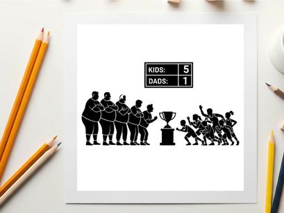 Silhouette of kids versus dads competition with trophy silhouette
