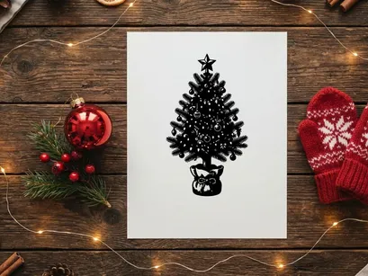 Black and white hand drawn Christmas tree illustration with ornaments and star topper.