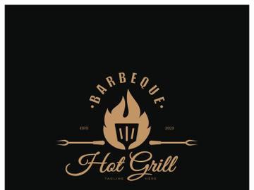 Simple Barbecue Vintage hot grill, with crossed flames and spatula. Logo for restaurant, badge, cafe and bar.vector preview picture