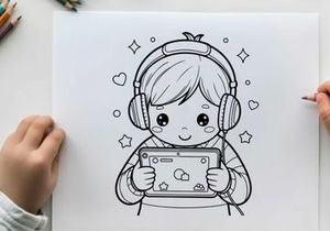 Cute girl listening music on tablet vector illustration