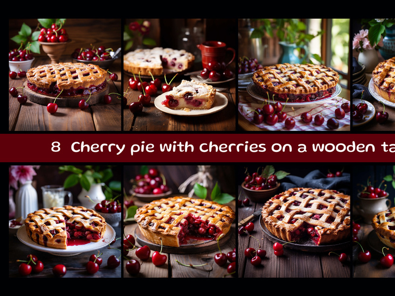 Cherry pie with cherries on a wooden table