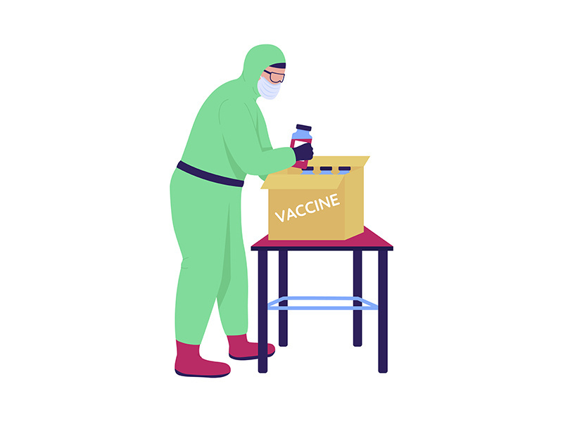 Lab assistant packing up vaccine semi flat color vector character