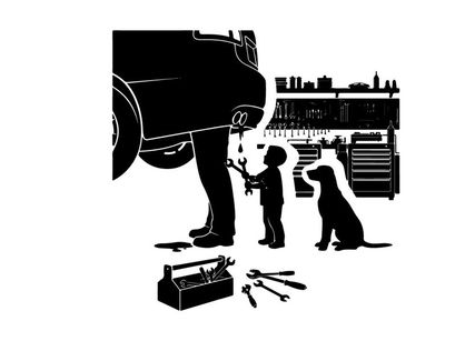 Silhouette of a man and boy working on a car with dog