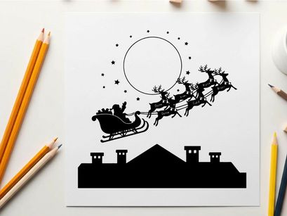 Santa claus in silhouette flying on a sleigh pulled by reindeer under a full moon