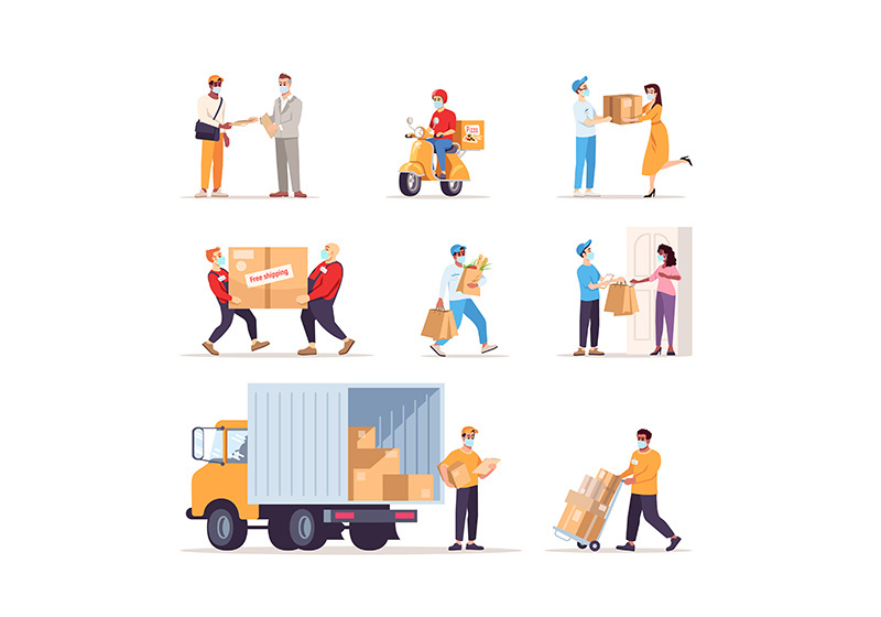 Delivery service in covid19 outbreak flat vector illustrations set
