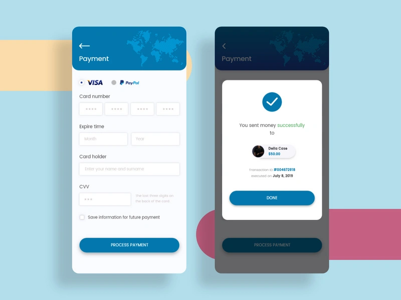 Payment details and Transaction success screens
