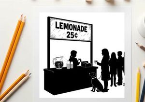 Silhouette of people buying lemonade from a vendor with a dog
