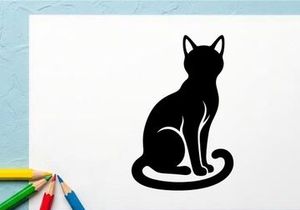 Silhouette einer sitzenden Katze mit spitzen Ohren und eingerolltem Schwanz