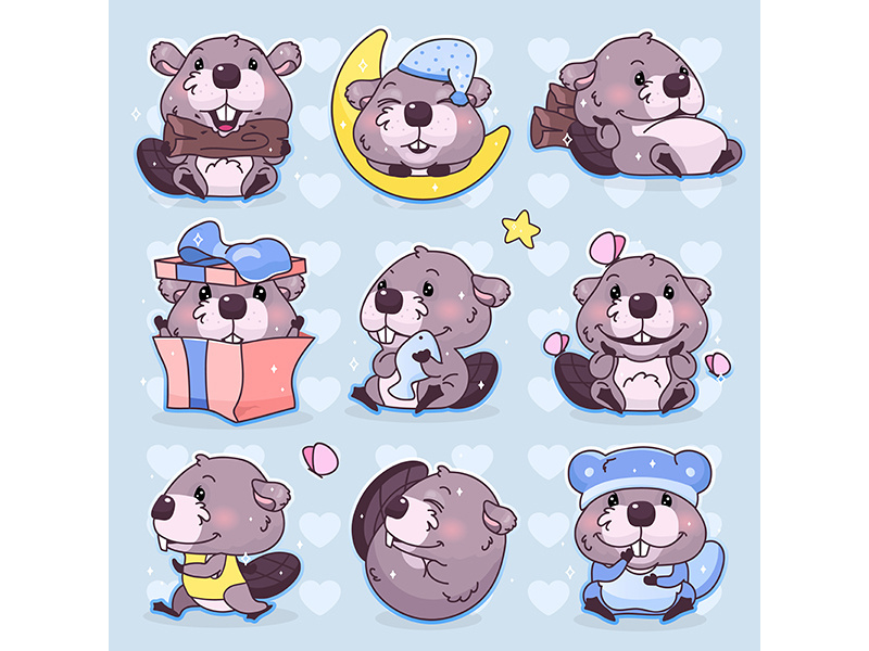 Cute beaver kawaii cartoon vector character set