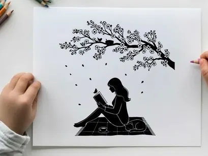 Silhouette of a woman reading under a blooming tree at night