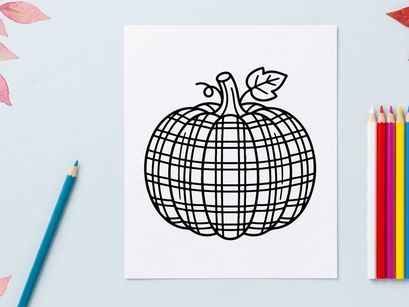Plaid pumpkin line art illustration. Hand drawn autumn squash with checkered pattern.