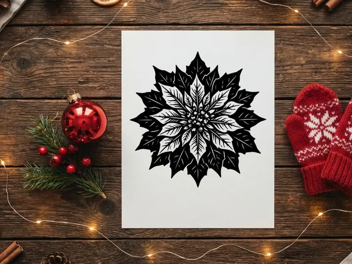 Black and white poinsettia flower illustration, hand drawn botanical Christmas design