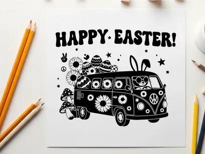 Easter bunny silhouette in vw van with eggs