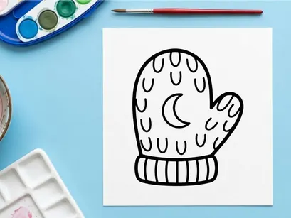 Luva de malha desenhada à mão com lua e estrelas. Luva de inverno cartunesca assustadora para artesanatos e designs festivos.