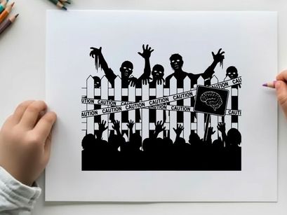 Silhouette of zombies behind a caution tape fence with a crowd