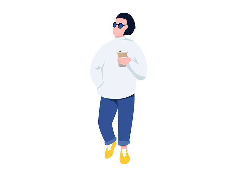 Stylish man with takeaway coffee flat color vector faceless character