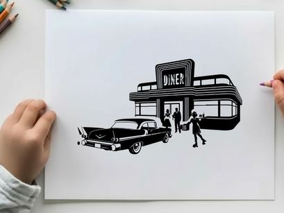 Silhouette of a vintage diner with people and a classic car