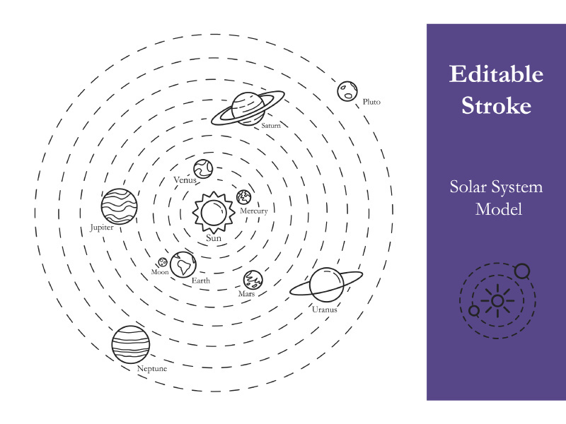 Solar system model line illustration with editable stroke