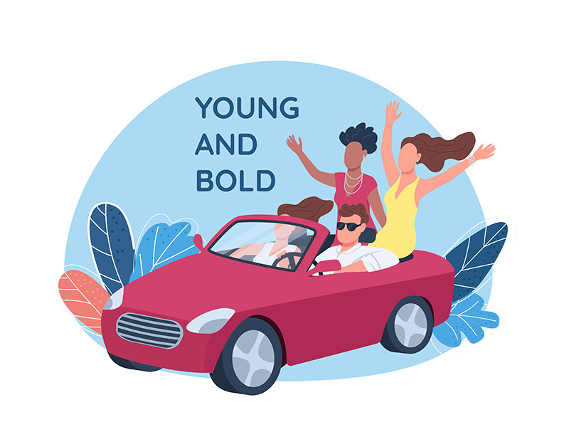 Young people driving red convertible car 2D vector web banner, poster