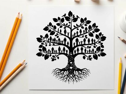 Family tree silhouette with roots and leaves illustration
