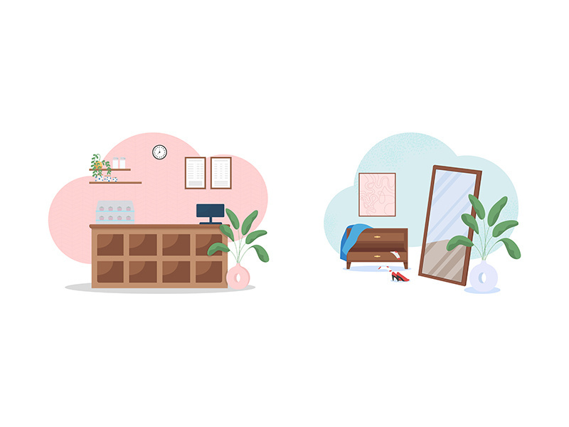 Interior flat color vector illustration set