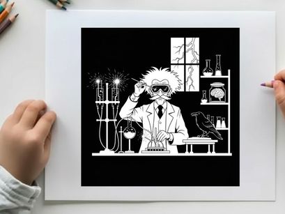 Silhouette of a mad scientist in his laboratory with a crow
