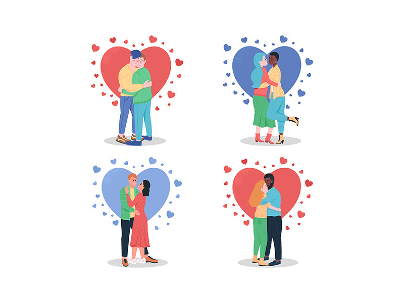 Hugging couples in love flat color vector detailed character set