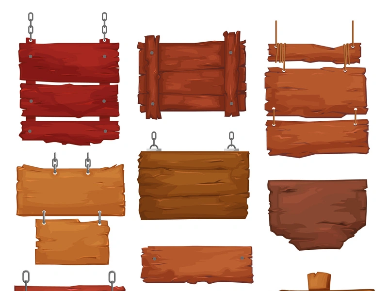 Wooden boards hang on ropes and chains. Cartoon vector signboards with wood texture, banners or labels for bar or saloon in rustic style. Blank vintage plank panels for pc game menu, pub entrance set