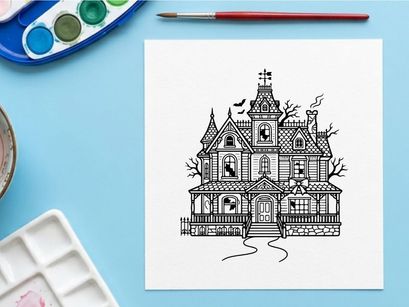 Ilustrasi rumah besar bergaya Victoria berhantu untuk desain Halloween. Rumah gothik menyeramkan dengan pepohonan gundul dan suasana mencekam.