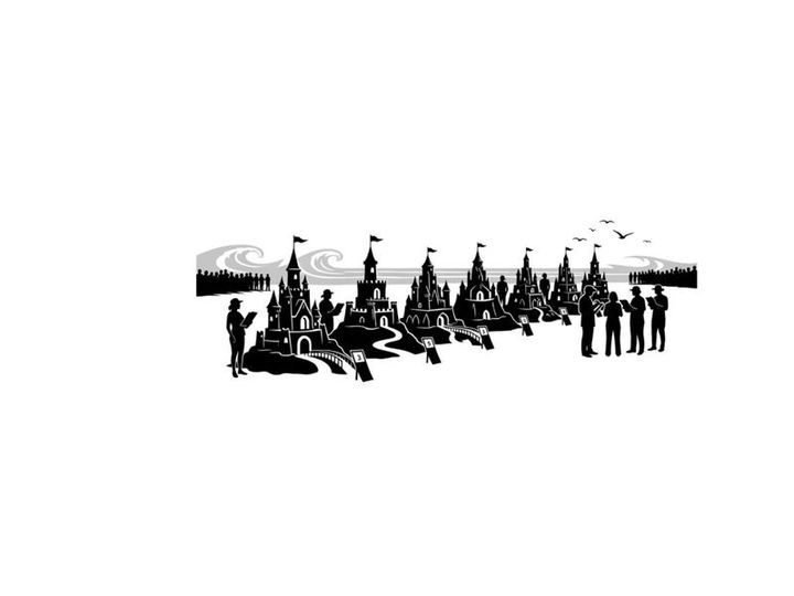 Silhouette of people and snowmobiles in a winter landscape