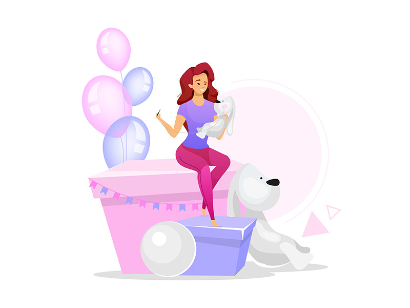 Woman creating toys for kids flat color vector illustration
