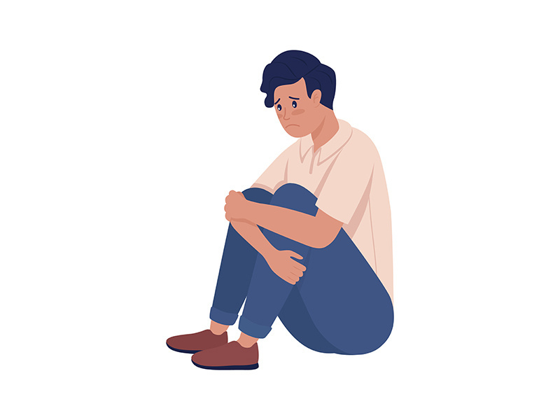 Sad lonely teenager boy semi flat color vector character