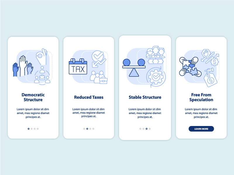 Advantages of co-ops light blue onboarding mobile app screen