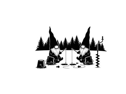 Two gnomes ice fishing in silhouette with trees and equipment
