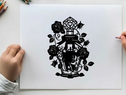 Silhouette of perfume bottle with roses and bow