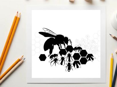 Silhouette of bees and ants on honeycomb pattern
