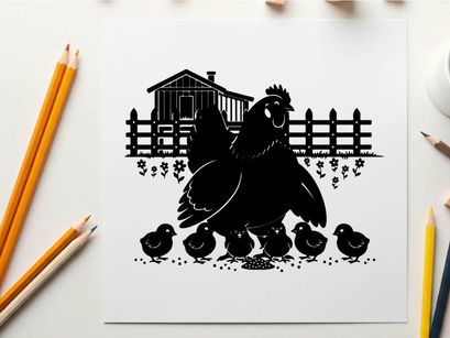 Mother hen and chicks silhouette on farm yard scene