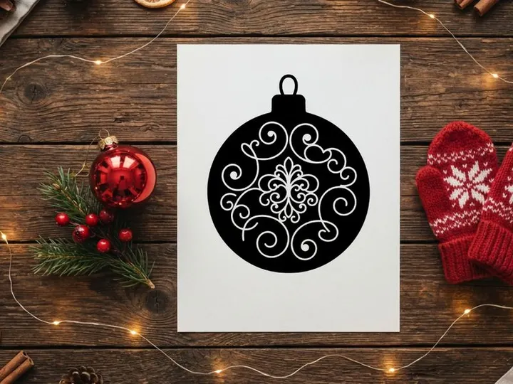 Black and white Christmas bauble ornament with elegant floral swirl pattern design