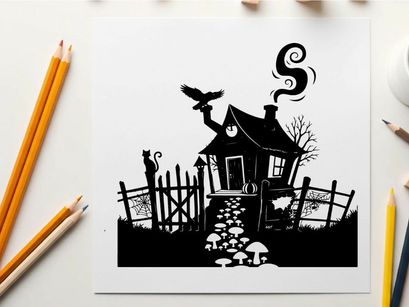 Spooky silhouette of haunted house with cat and bird