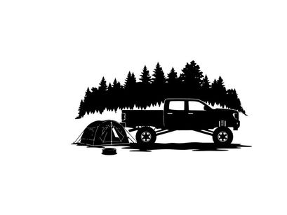 Silhouette of a car and tent in a forest