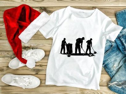 Silhouette of three workers cleaning the street with broom and trash can