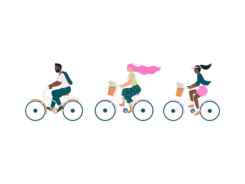 Happy bicyclist flat color vector detailed character set