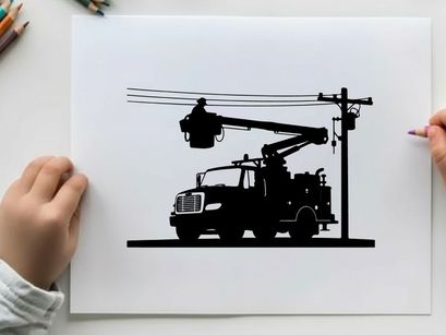 Silhouette of a utility truck working on a power line at night