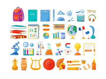 School subjects and supplies flat color vector objects set preview picture