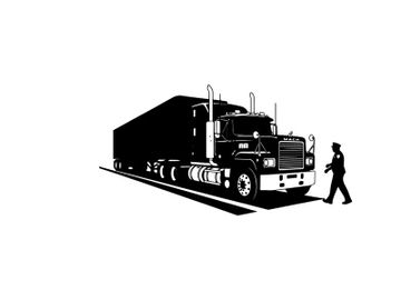 Silhouette of a man walking beside a large semi truck preview picture